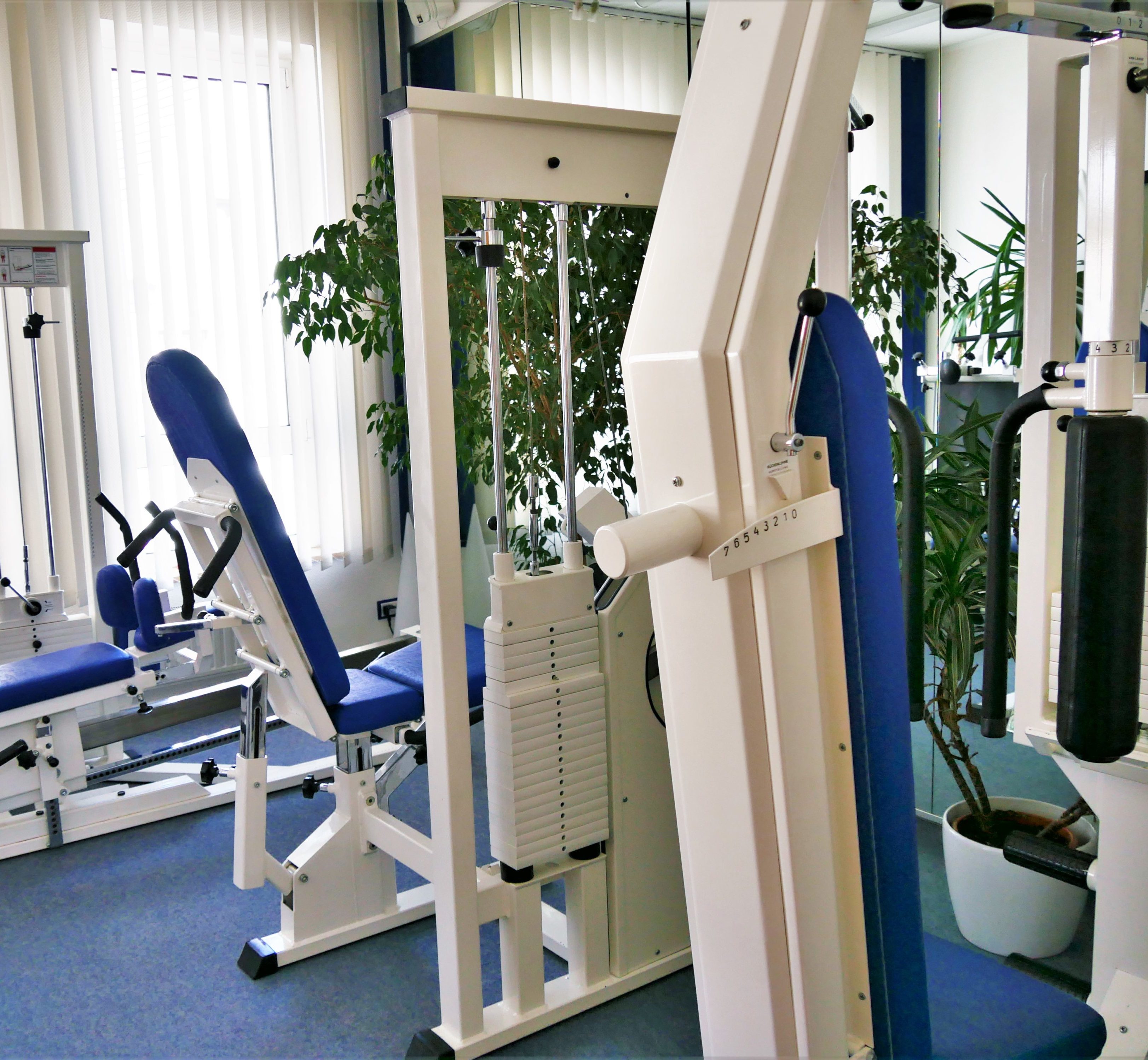 Eine Armbeuge und eine Beinbeuge, im Hintergrund eine Beinpresse