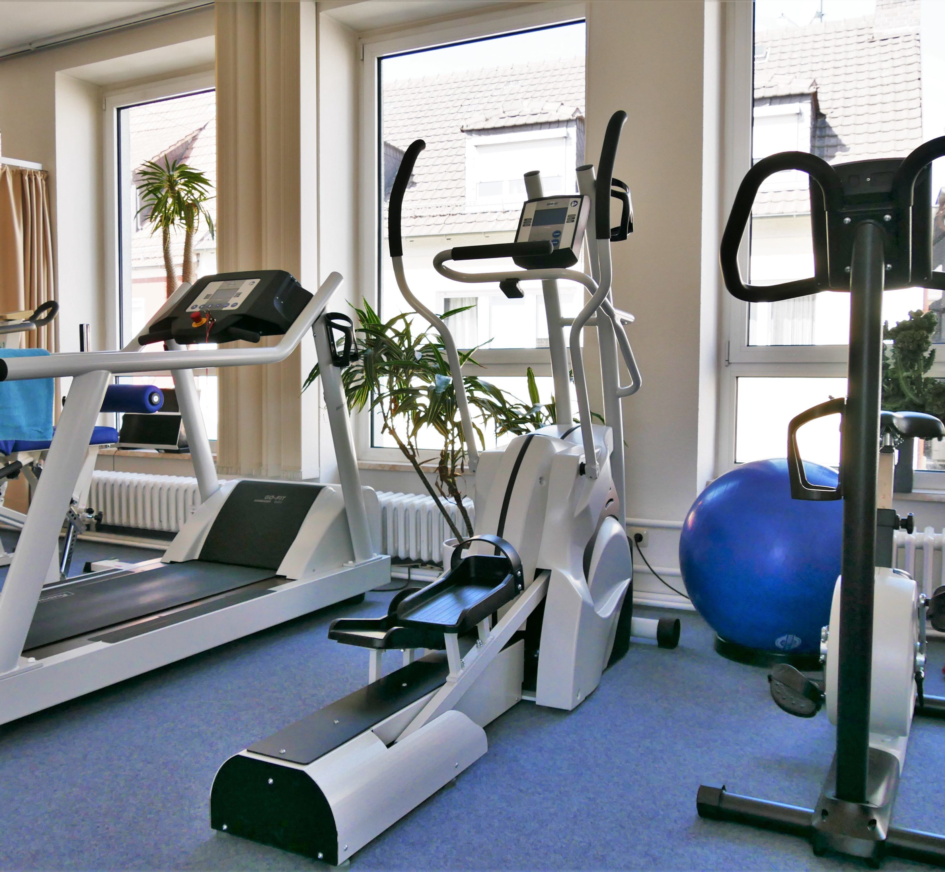 Ein Laufband, ein Cross-Trainer und ein Ergometer